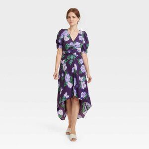 NEW! Vintage-Style Crepe Short Sleeve Midi Dress, Purple & Navy Floral